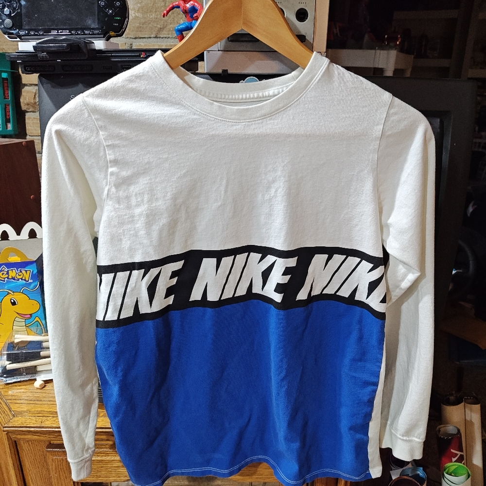 "The Nike Tee" Nike White and Blue Long Sleeve Shirt Youth XL